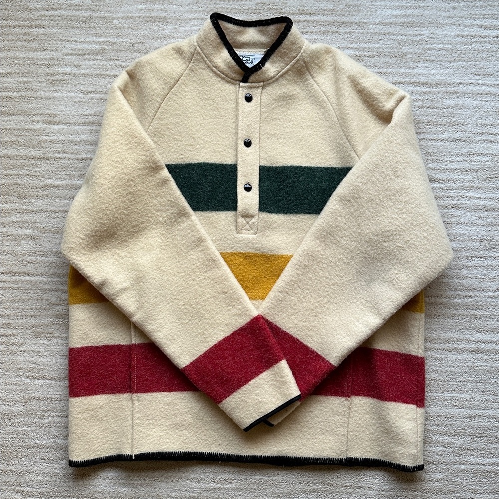 Woolrich Hudson Bay Stripe Pullover Sweater Womens Beige Snap 70s 80s USA Large - Picture 3 of 15